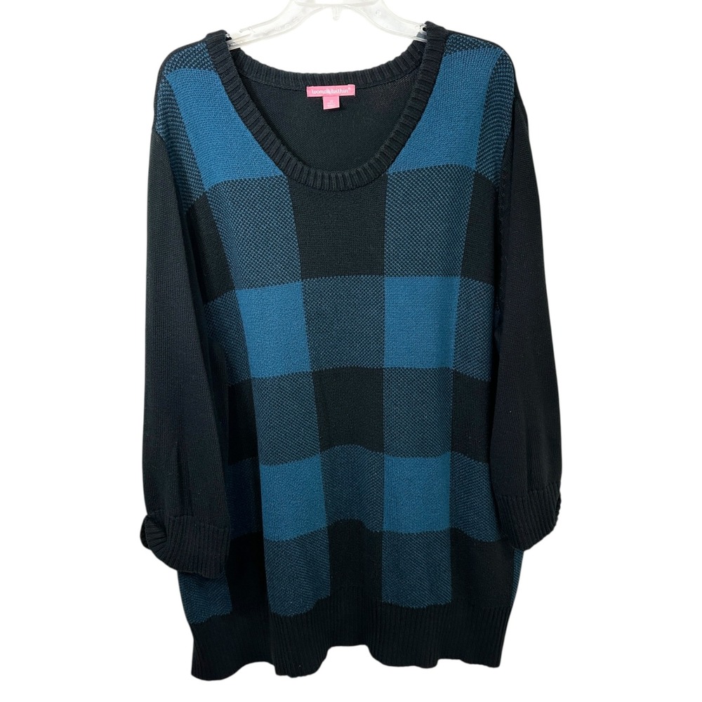 Woman Within Plus Size 3X Sweater 30/32W Teal Black Buffalo Plaid Pullover 1498‎